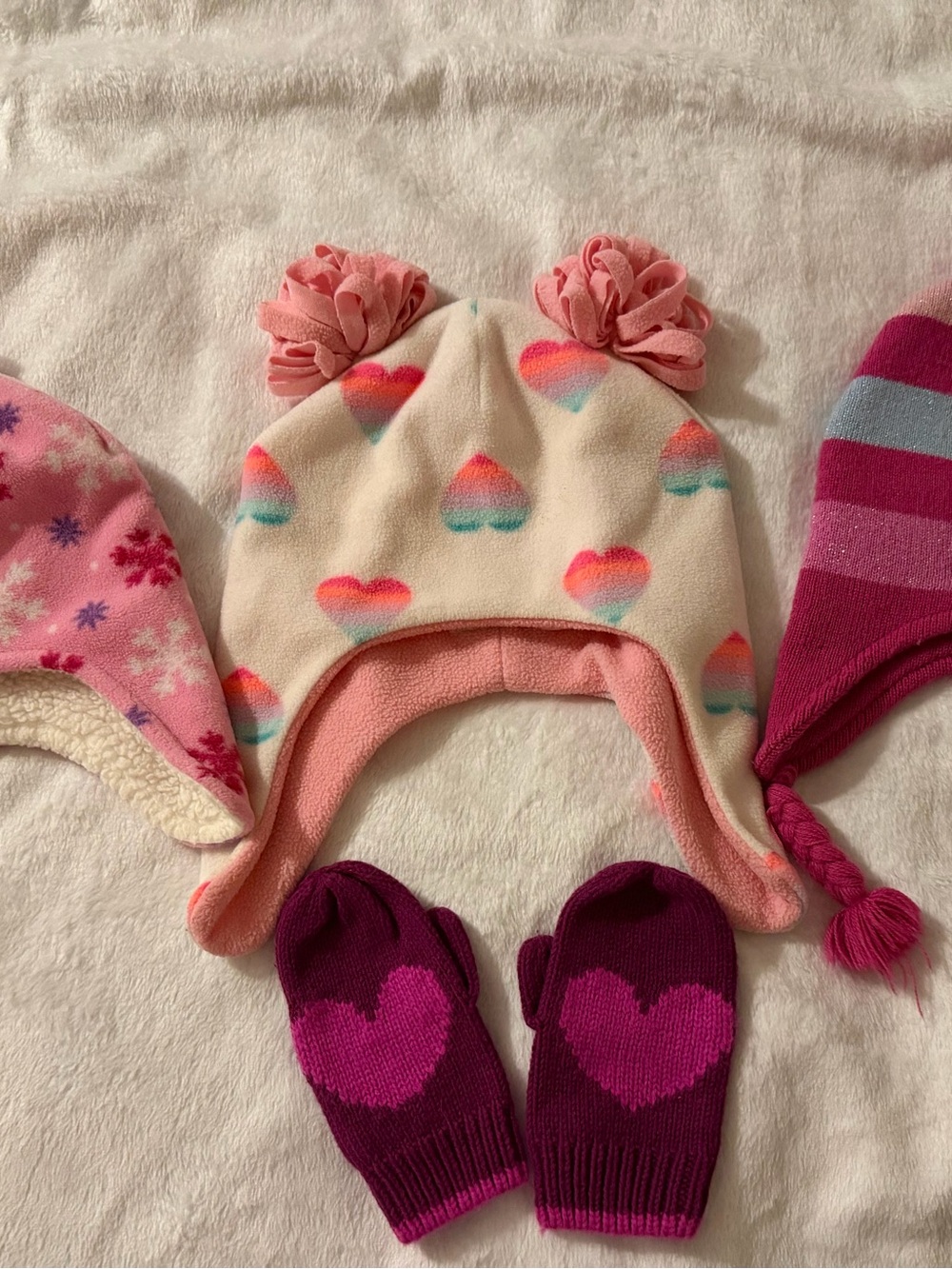 Toddler/ baby winter hats super cute and cozy with a set of mittens